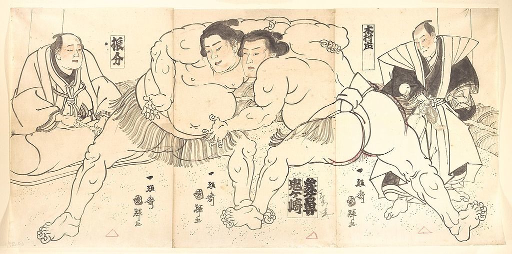 Ilustração a preto e branco de combate de sumo